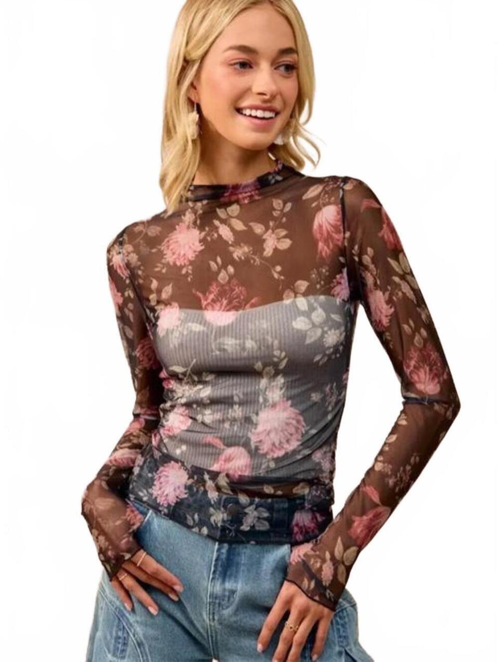 BiBi Women's Small Black Multi Floral Print Sheer Mesh Long Sleeve Top